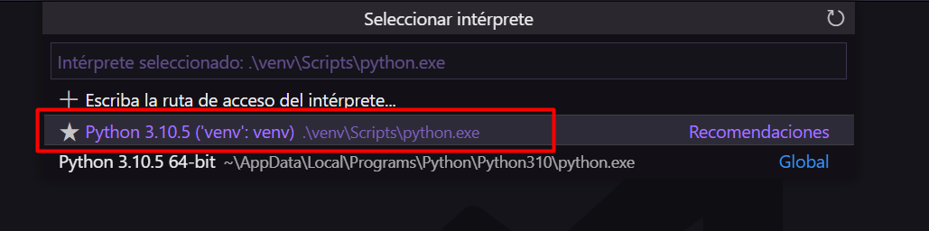 activar entorno vitualenv en visual studio code