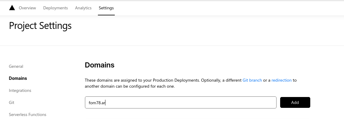 Vercel Project Settings